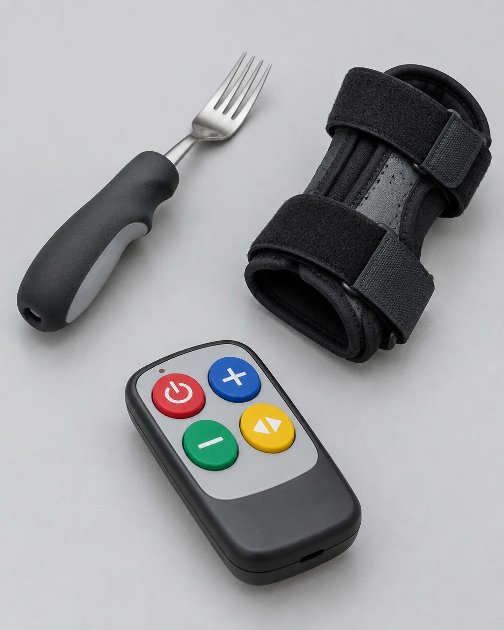Adaptive fork, wrist brace, and large button remote.
