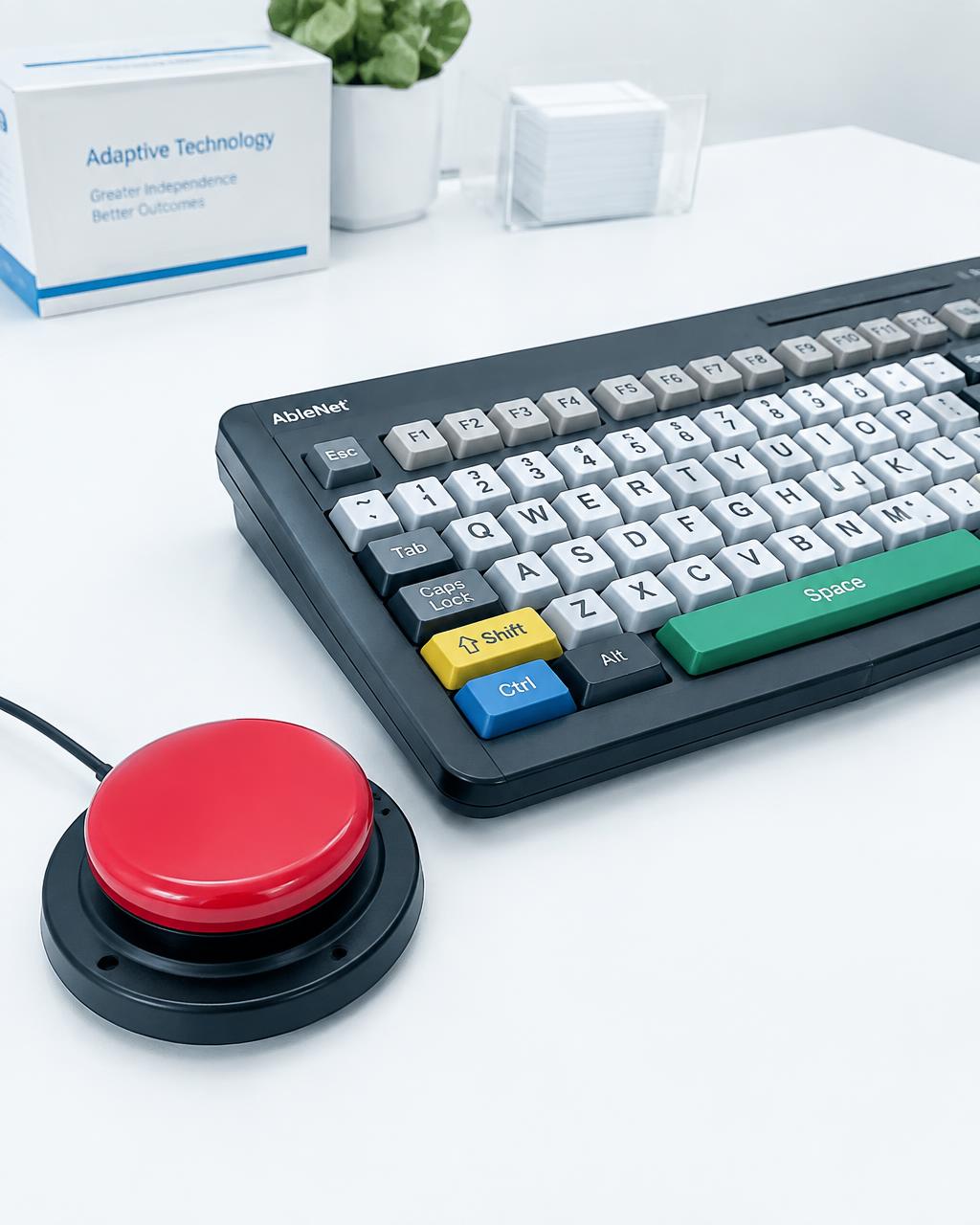 Adaptive keyboard and switch button on a clinic bench.
