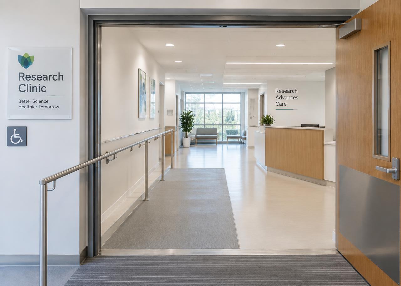 Accessible clinic entrance with ramp and handrail.