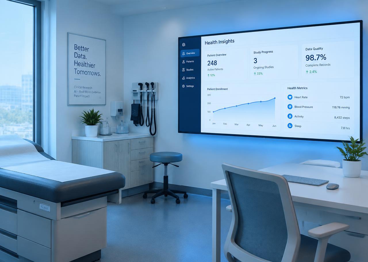 Clinic room with a large health dashboard screen.