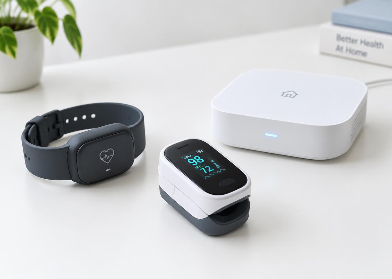 Wearable sensor, pulse oximeter, and home hub.