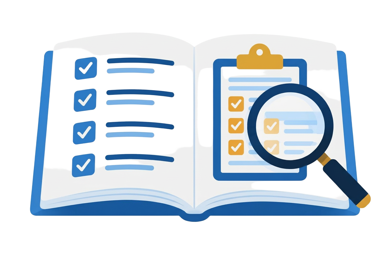 Illustration of a guidebook and checklist.