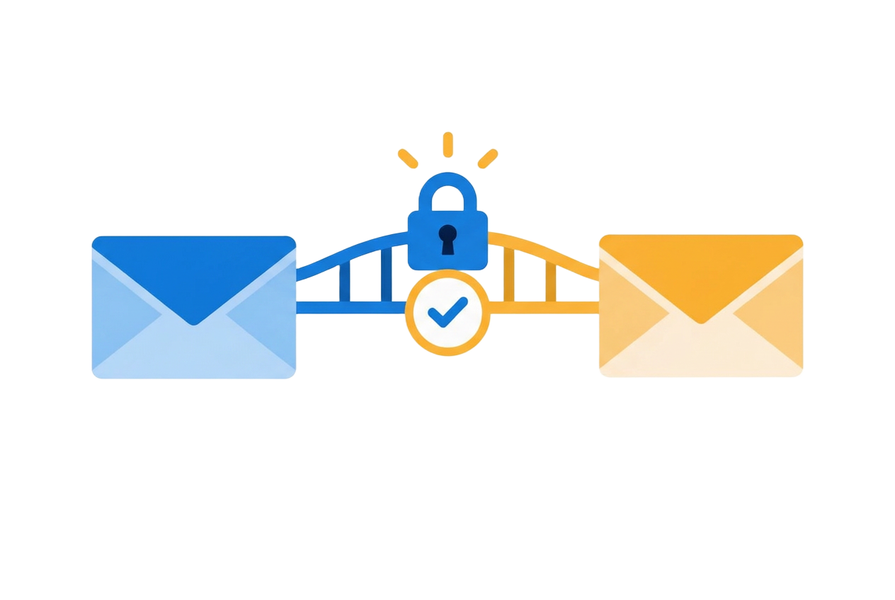 Illustration of two envelopes joined by a secure bridge.